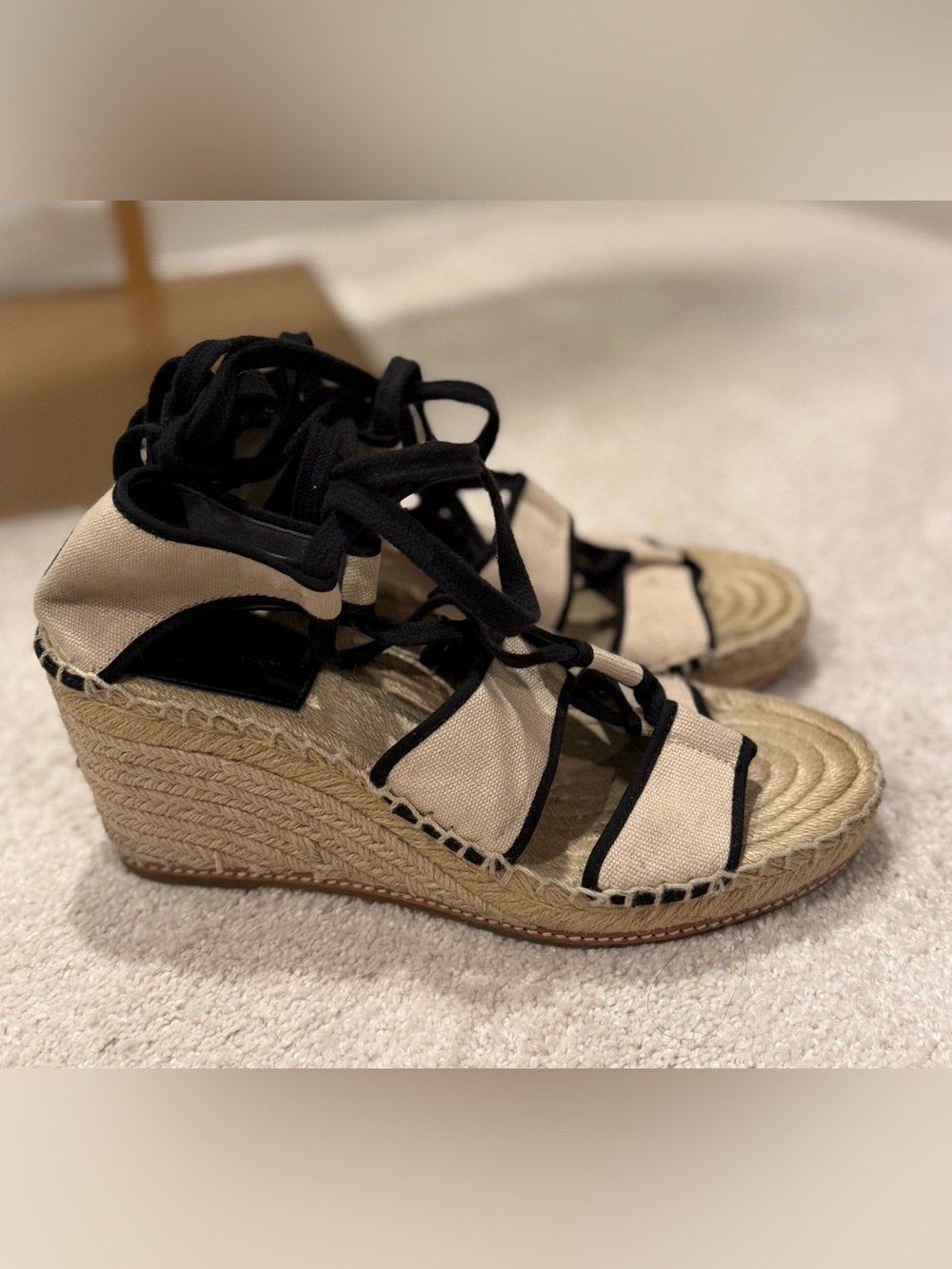 Tory Burch Beige and Black Canvas Espadrille Wedge Sandals